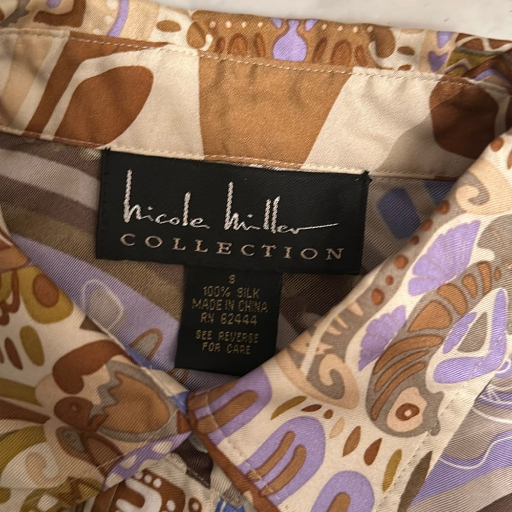 Nicole Miller Collection 100% Silk, button down, tie waist mini dress; neutrals